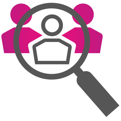 Illustration showing a magnifying glass over icons of people